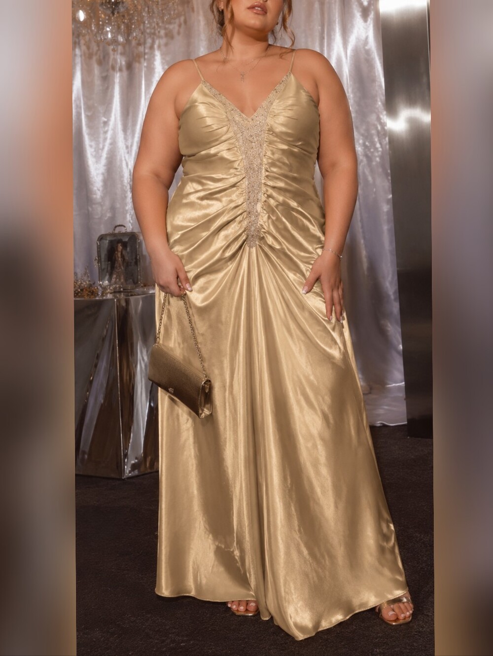 Nox Vintage y2k Gold Satin Spaghetti Strap Prom Formal Dress size 18